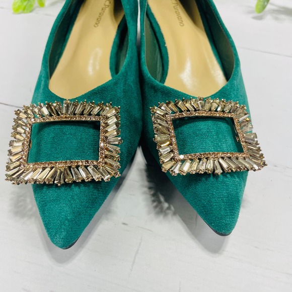 NEW C Paravano Hunter Green Block Heel Pointed Toe Flats with Embellished Buckle - Picture 4 of 12